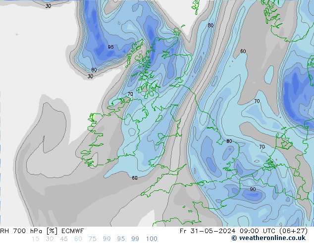 RH 700 hPa ECMWF Fr 31.05.2024 09 UTC