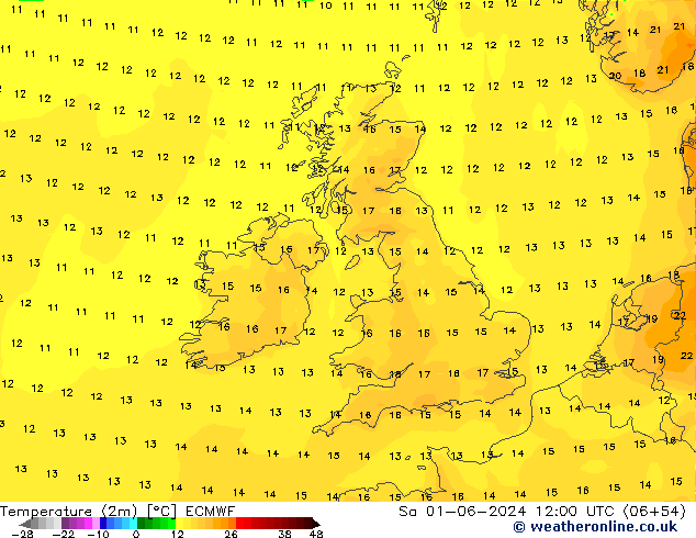 Temperatuurkaart (2m) ECMWF za 01.06.2024 12 UTC