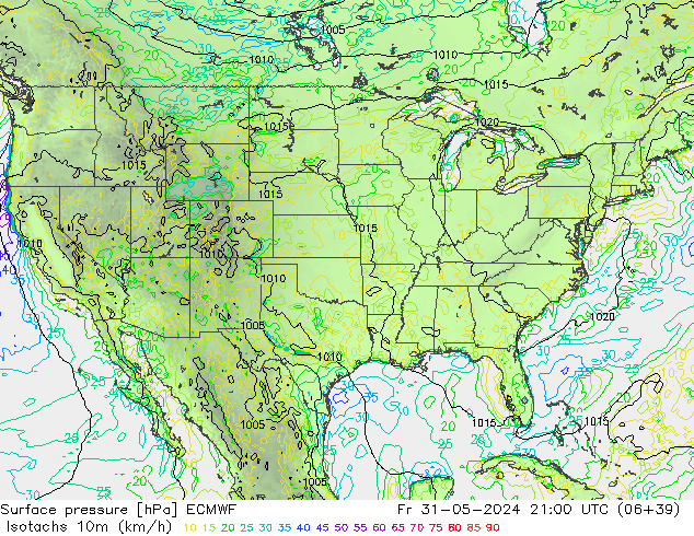 Isotachs (kph) ECMWF Fr 31.05.2024 21 UTC