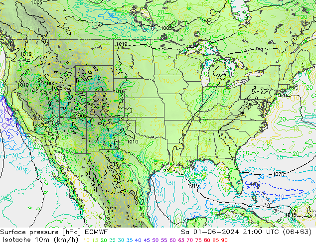 Isotachs (kph) ECMWF Sa 01.06.2024 21 UTC