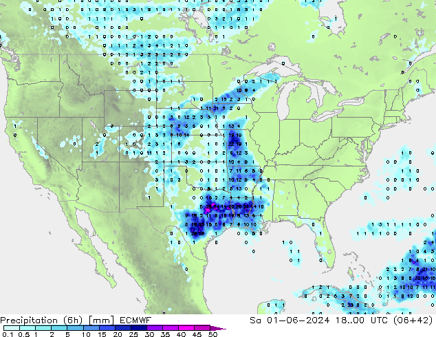 Precipitation (6h) ECMWF Sa 01.06.2024 00 UTC