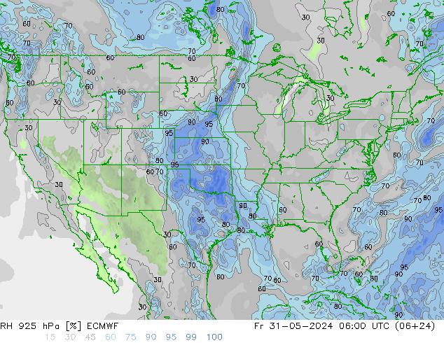 Humidité rel. 925 hPa ECMWF ven 31.05.2024 06 UTC