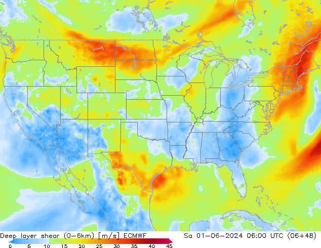 Deep layer shear (0-6km) ECMWF Sa 01.06.2024 06 UTC