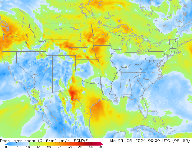 Deep layer shear (0-6km) ECMWF lun 03.06.2024 00 UTC