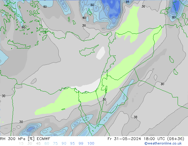 RH 300 hPa ECMWF Pá 31.05.2024 18 UTC