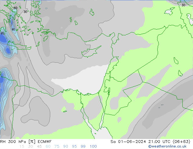 RH 300 hPa ECMWF sab 01.06.2024 21 UTC