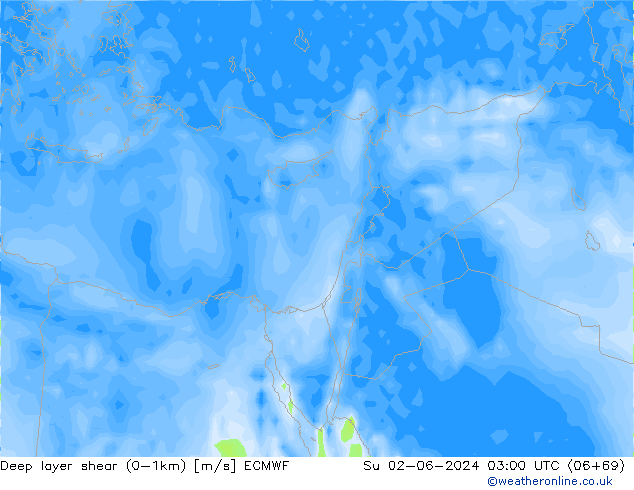 Deep layer shear (0-1km) ECMWF nie. 02.06.2024 03 UTC