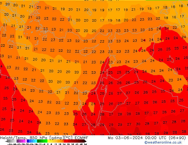 Height/Temp. 850 hPa ECMWF lun 03.06.2024 00 UTC