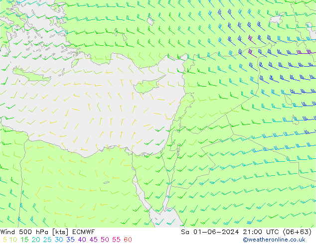 Vento 500 hPa ECMWF sab 01.06.2024 21 UTC