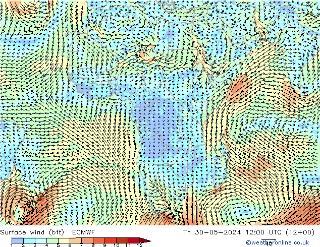 Surface wind (bft) ECMWF Th 30.05.2024 12 UTC