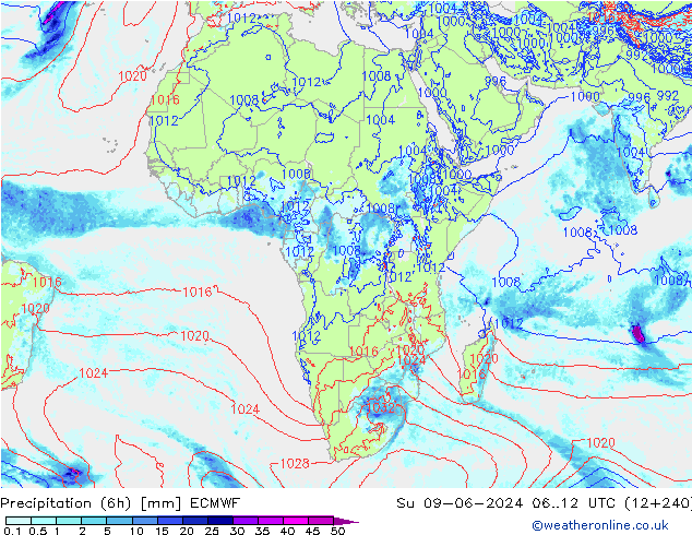 Precipitazione (6h) ECMWF dom 09.06.2024 12 UTC