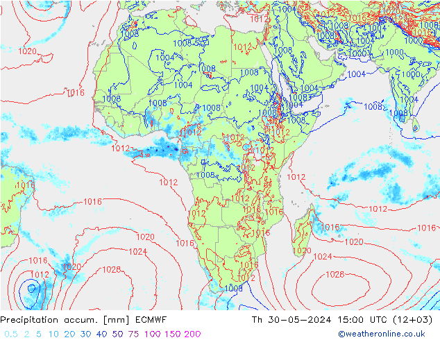 Precipitation accum. ECMWF Čt 30.05.2024 15 UTC