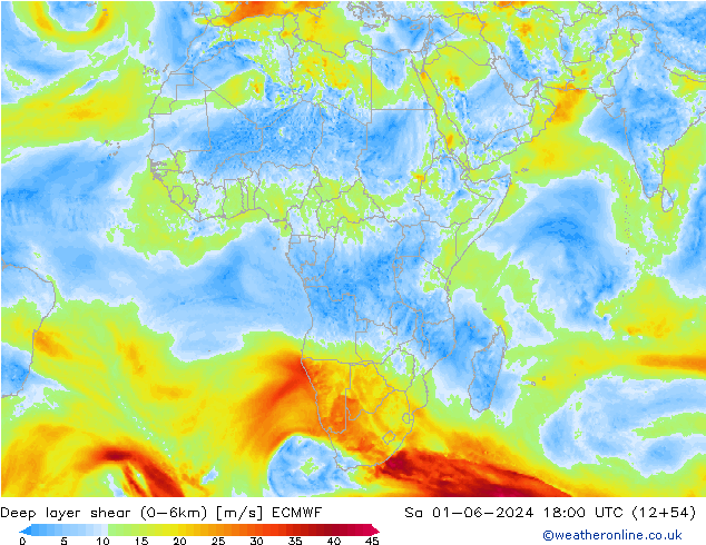 Deep layer shear (0-6km) ECMWF Sa 01.06.2024 18 UTC