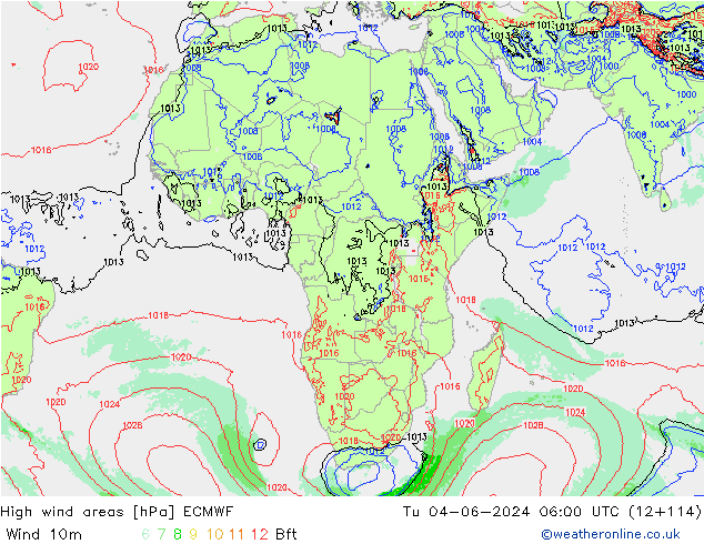 High wind areas ECMWF вт 04.06.2024 06 UTC