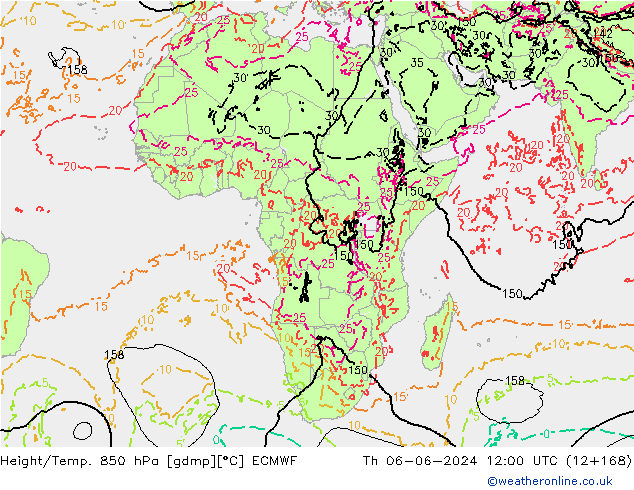 Height/Temp. 850 hPa ECMWF czw. 06.06.2024 12 UTC