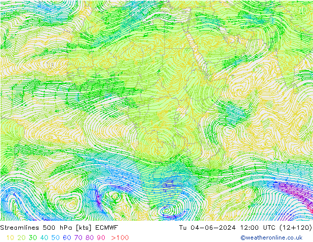 Linha de corrente 500 hPa ECMWF Ter 04.06.2024 12 UTC