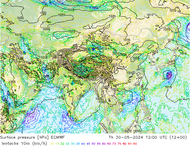 Isotachs (kph) ECMWF Čt 30.05.2024 12 UTC