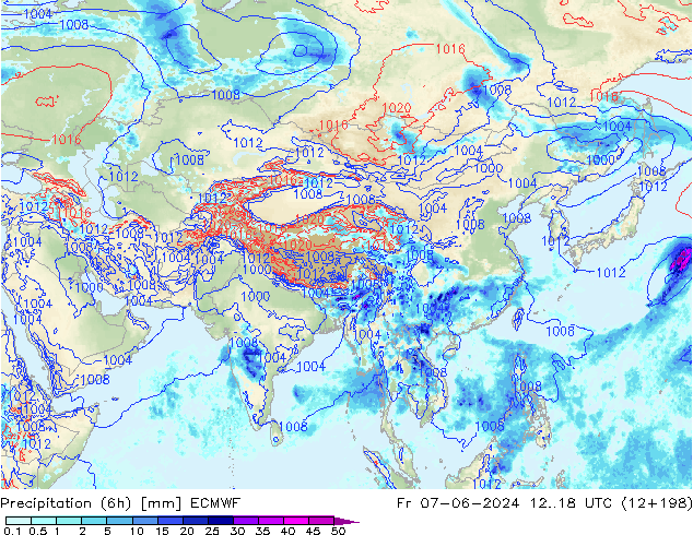 Precipitation (6h) ECMWF Pá 07.06.2024 18 UTC