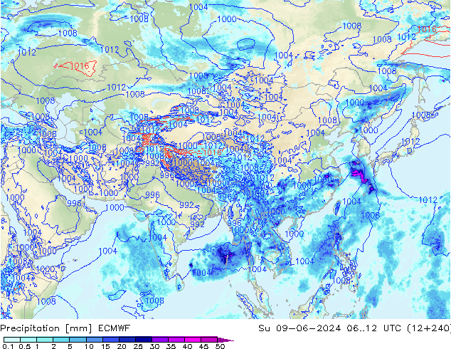 Srážky ECMWF Ne 09.06.2024 12 UTC