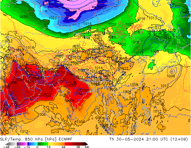 SLP/Temp. 850 hPa ECMWF Čt 30.05.2024 21 UTC