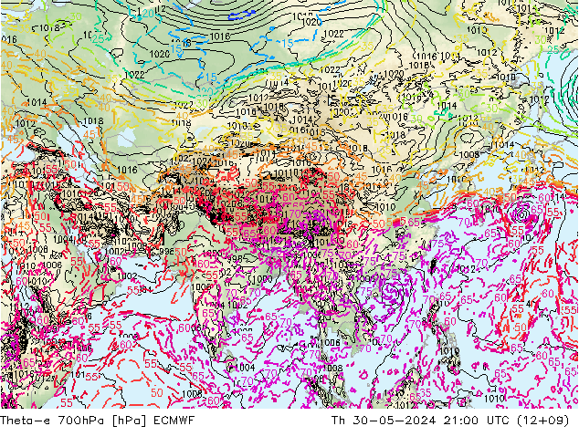 Theta-e 700hPa ECMWF Čt 30.05.2024 21 UTC