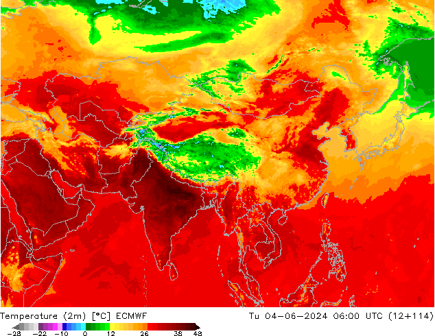 Temperature (2m) ECMWF Tu 04.06.2024 06 UTC