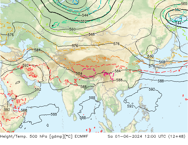 Height/Temp. 500 hPa ECMWF Sa 01.06.2024 12 UTC