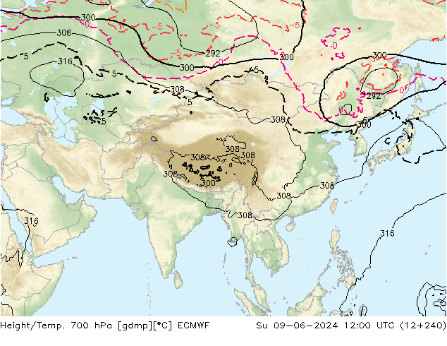 Height/Temp. 700 hPa ECMWF Dom 09.06.2024 12 UTC