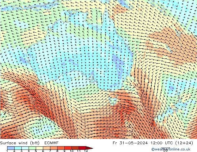 Vent 10 m (bft) ECMWF ven 31.05.2024 12 UTC