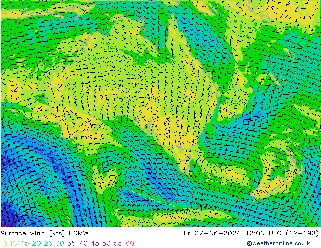 ветер 10 m ECMWF пт 07.06.2024 12 UTC