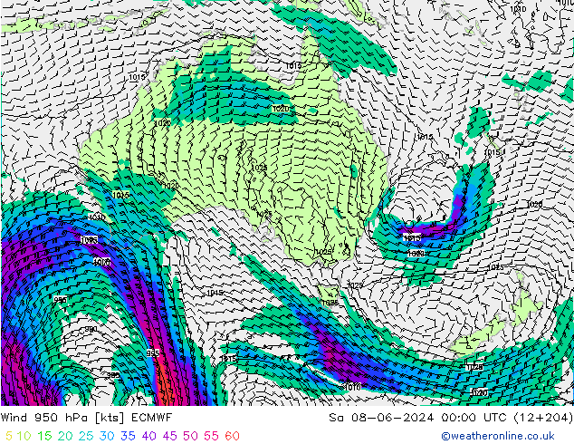 Vent 950 hPa ECMWF sam 08.06.2024 00 UTC