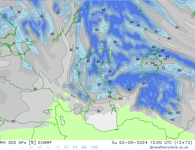 RH 300 hPa ECMWF nie. 02.06.2024 12 UTC