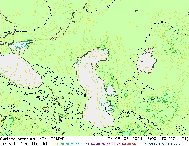 Izotacha (km/godz) ECMWF czw. 06.06.2024 18 UTC