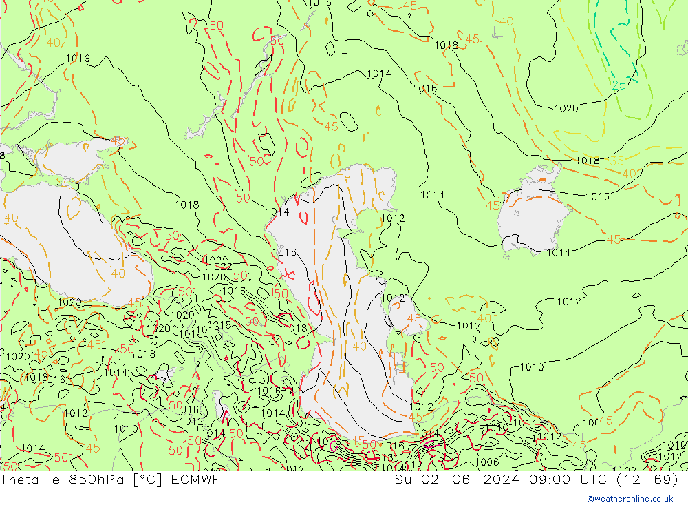Theta-e 850hPa ECMWF So 02.06.2024 09 UTC