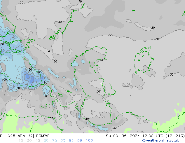 Humidité rel. 925 hPa ECMWF dim 09.06.2024 12 UTC