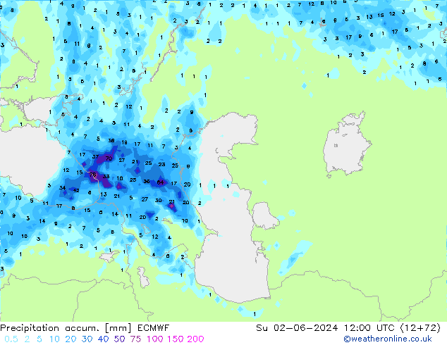 Precipitation accum. ECMWF Ne 02.06.2024 12 UTC