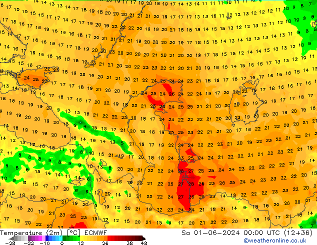 Temperatura (2m) ECMWF Sáb 01.06.2024 00 UTC