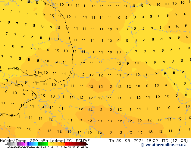 Geop./Temp. 850 hPa ECMWF jue 30.05.2024 18 UTC