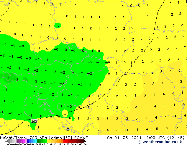 Geop./Temp. 700 hPa ECMWF sáb 01.06.2024 12 UTC