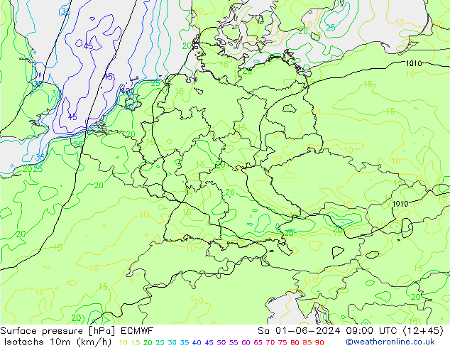 Isotachs (kph) ECMWF  01.06.2024 09 UTC