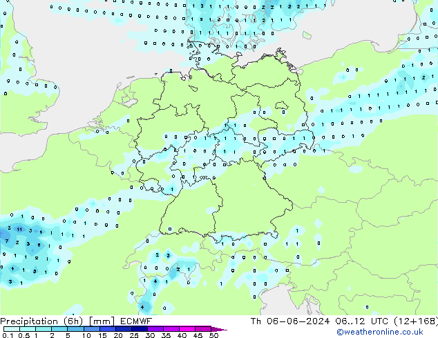 Precipitation (6h) ECMWF Čt 06.06.2024 12 UTC