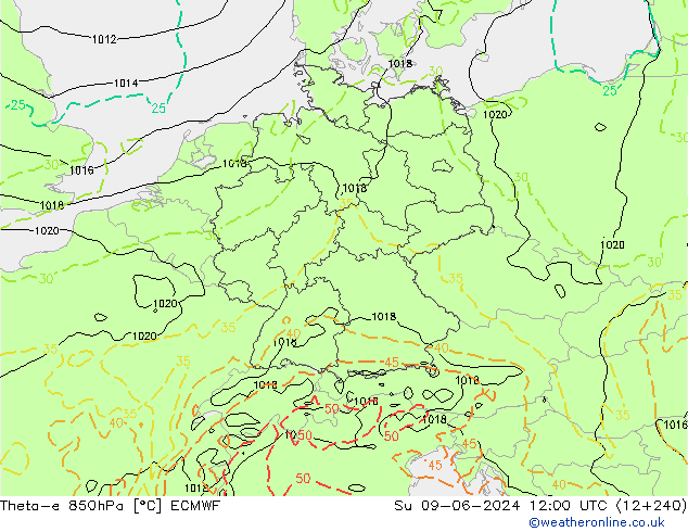 Theta-e 850hPa ECMWF dom 09.06.2024 12 UTC