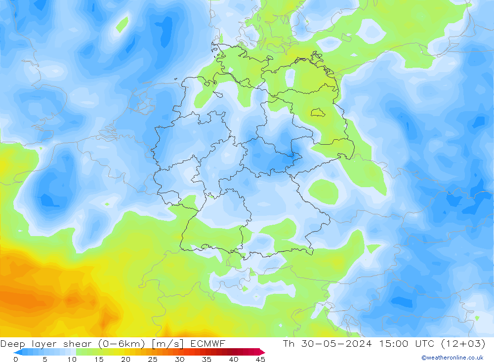 Deep layer shear (0-6km) ECMWF  30.05.2024 15 UTC