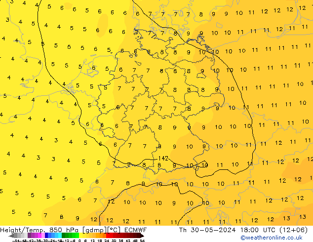 Z500/Rain (+SLP)/Z850 ECMWF gio 30.05.2024 18 UTC