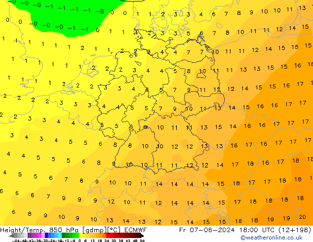 Hoogte/Temp. 850 hPa ECMWF vr 07.06.2024 18 UTC