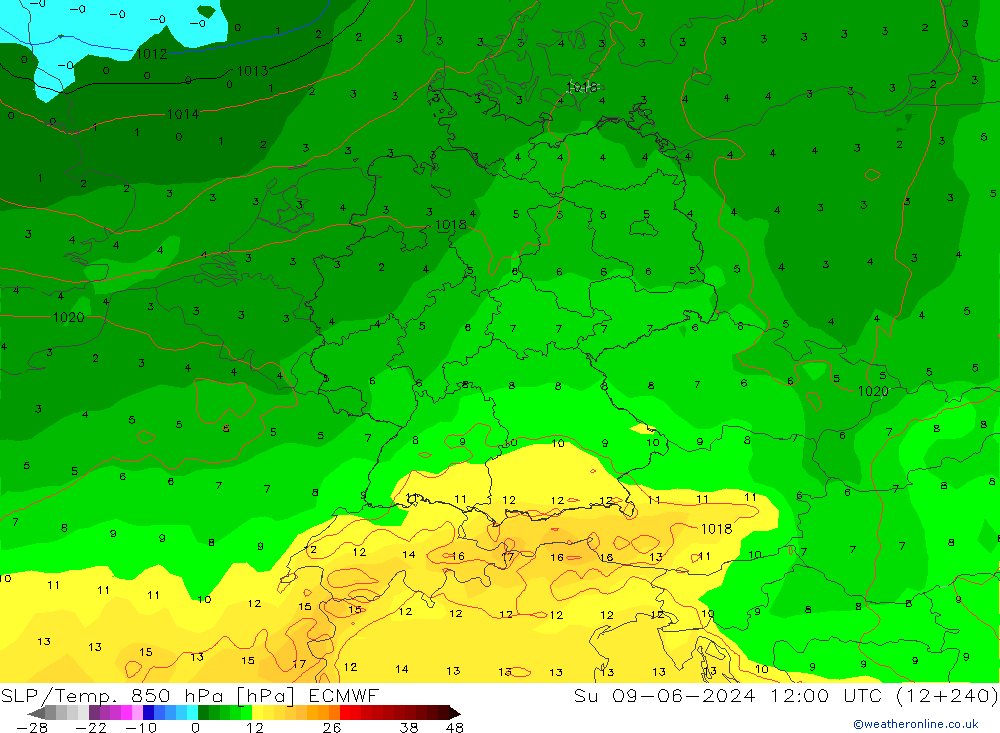 SLP/Temp. 850 hPa ECMWF  09.06.2024 12 UTC