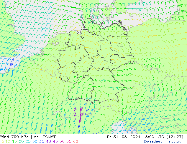 Vento 700 hPa ECMWF ven 31.05.2024 15 UTC