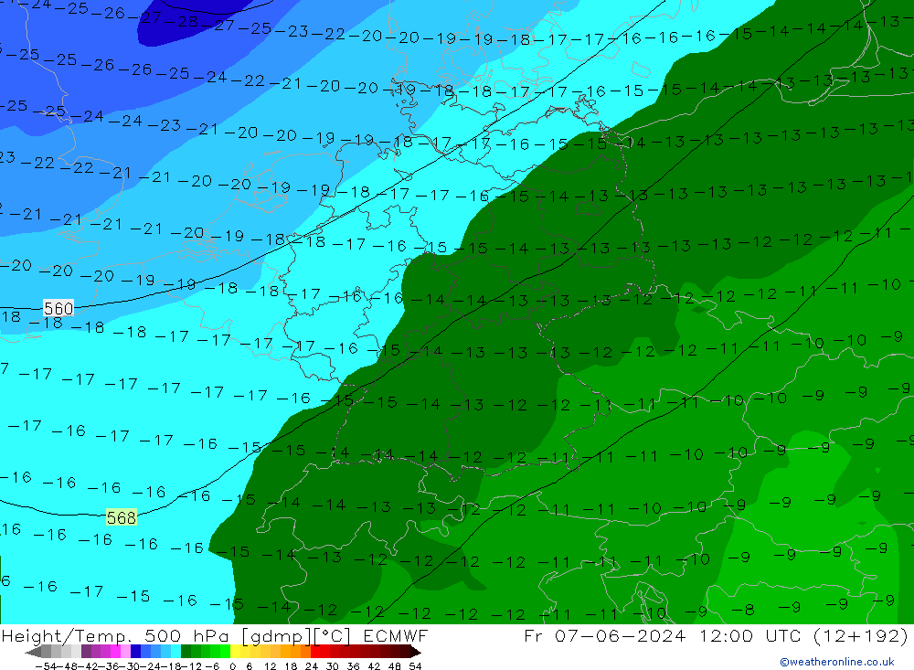 Z500/Rain (+SLP)/Z850 ECMWF Fr 07.06.2024 12 UTC