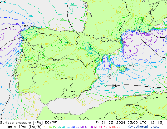 Isotachs (kph) ECMWF Pá 31.05.2024 03 UTC