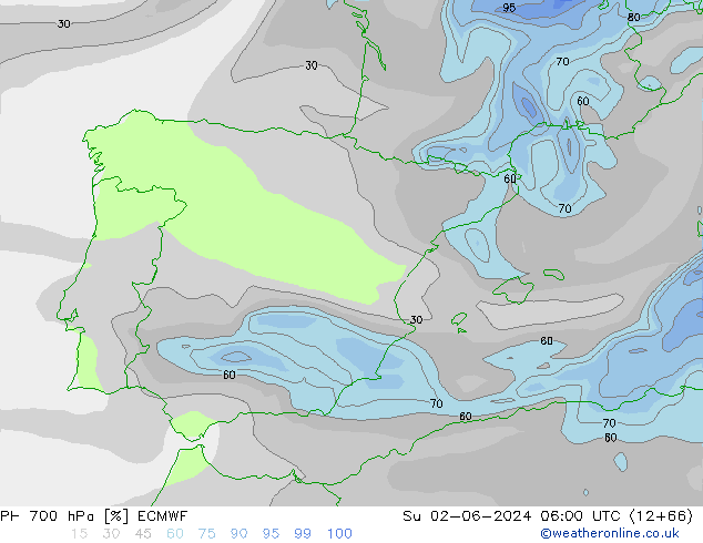 Humidité rel. 700 hPa ECMWF dim 02.06.2024 06 UTC